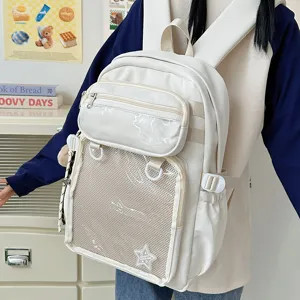 Cute white ita backpack large capacity school bag with mesh transparent pocket for students