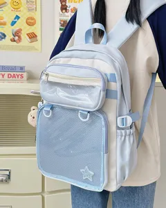Light blue school backpack, cute itabag with clear mesh pocket and star patch for daily use.