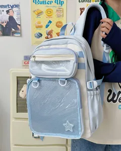 Large capacity ita backpack cute Japanese school bag with transparent window and mesh pocket for students.