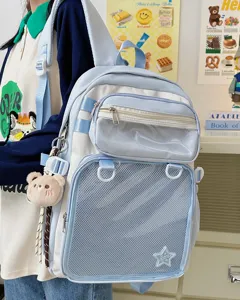 Cute large capacity student backpack pain bag with transparent pocket and mesh front pocket