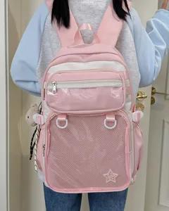 Pink cute ita backpack detail view with clear pocket, mesh front and lovely sweet design.