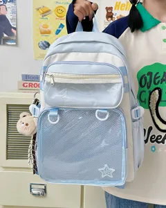 Cute student ita backpack with transparent front pocket, large capacity, casual light blue design.