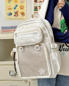 Large capacity white ita backpack with clear window and mesh pocket for students and daily wear.