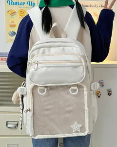 Japanese style white ita backpack with clear window mesh pocket, detailed view of student school bag