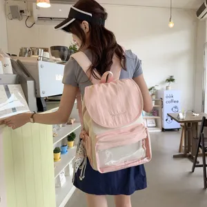 Casual pink canvas backpack with clear front pocket for daily commute, travel and school.