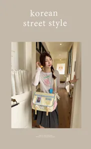 Japanese ins style sweet campus canvas messenger bag with cute photo window and large capacity.