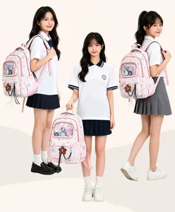 Pink school backpack detail showing clear front compartment, waterproof fabric and ergonomic straps.
