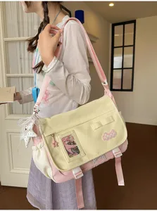 Cute Japanese ins style canvas messenger bag with transparent window, large capacity student crossbody.