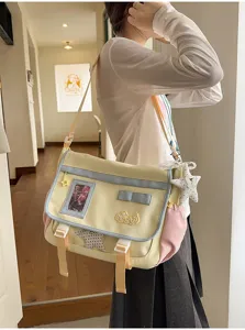 Japanese style canvas messenger bag for women, cute shoulder crossbody bag with large capacity.