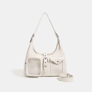 White PU leather ita bag shoulder bag with clear card window and metal buckle daily commute