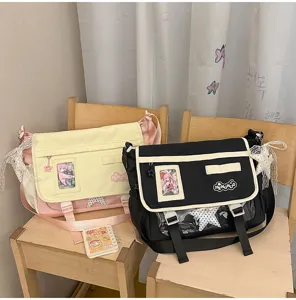 Japanese ins canvas messenger bag cute student crossbody bag large capacity school bag