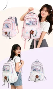 Cute waterproof school backpack with transparent front pocket, large capacity casual daypack.