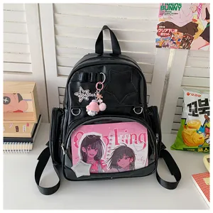 Sac à dos ita en cuir PU noir avec poche avant transparente, grande capacité pour étudiants.
