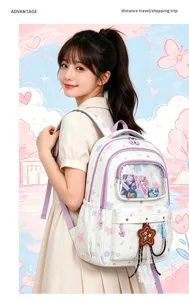 Water-resistant girls school backpack with transparent pocket, large capacity, cute daily bag.