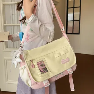 Japanese Ins Style Casual Polyester Shoulder Crossbody Bag Student Large Capacity Ita Bag With Transparent Window And Cute Pendant
