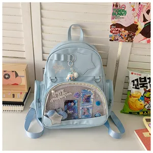 Détail de sac à dos Ita bleu clair, fenêtre transparente, sac à dos décontracté stylé.