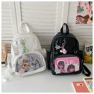 Détail du sac à dos ita style coréen ins, grand sac d'école en cuir PU pour étudiants.