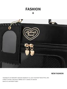 Black pu leather ita bag handbag with heart embroidery and cute metal zippers for daily commute