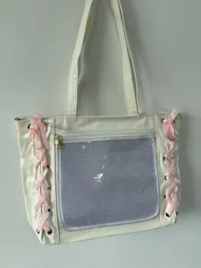 Japanese style large capacity JK ita bag with clear mesh pocket and cute pink ribbon side lace.