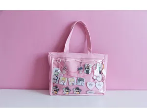 Japanese style pink canvas itabag clear window shoulder tote bag for anime fans casual daily use.