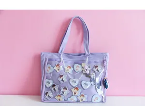 Japanese style canvas ita bag clear window tote shoulder handbag cute anime pins pastel purple