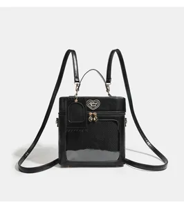 Black multi-way ita backpack, clear window doll bag, PU leather crossbody commuting bag.