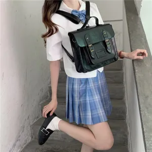 Sac à dos vintage style collège pour femme, sac bandoulière en cuir PU vert foncé élégant.