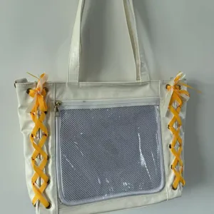 Japanese JK Style Large Capacity Tote Bag Women PU Leather Clear Window Shoulder Bag with Ribbon Bow Student Casual Handbag