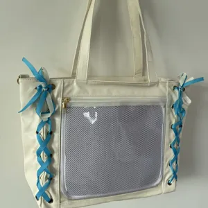 Japanese style large capacity ita bag with clear mesh pocket and cute ribbon lace-up design.