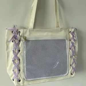 Japanese style white ita bag with purple ribbons transparent window large capacity shoulder