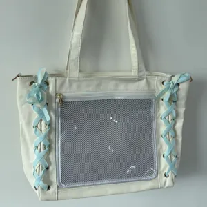 Japanese style white large capacity ita bag with clear mesh pocket and blue ribbons main view