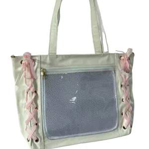 Japanese style ita tote bag large capacity PU leather shoulder bag with pink ribbon lace-up.