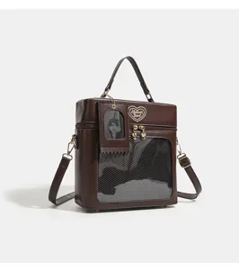 Dark brown PU leather bjd doll ita bag with clear window, cute heart zipper and shoulder strap.