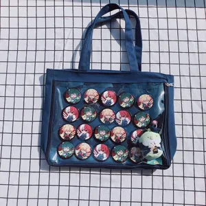 Japanese canvas itabag shoulder tote bag featuring a clear window and cute anime character badges