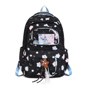 Cute black star cloud print school backpack with clear front pocket for girls daily use.
