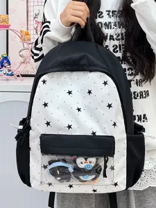 Japanse anime stijl ita rugzak met doorzichtige voorzak en zwart-wit sterrenpatroon voor dames.