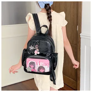 Sac a dos ita en cuir PU noir avec fenetre avant transparente, grand cartable pour filles