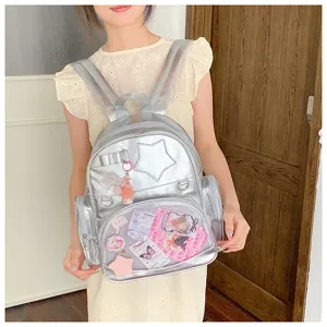 Sac à dos ita métallique argenté de style coréen avec poche avant pour les étudiants.