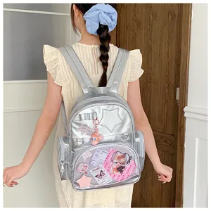 Sac à dos ita métallique argenté de style coréen avec fenêtre transparente pour étudiants.
