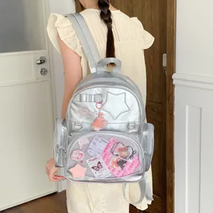 Sac à dos ita argenté de style coréen avec poche transparente, grand sac de loisirs.