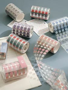 PET dot washi tape detail showing colorful transparent translucent adhesive sticker rolls for journaling.