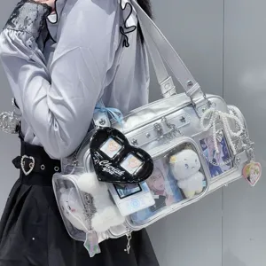 Silver metallic ita bag clear window messenger bag anime display shoulder bag for daily use