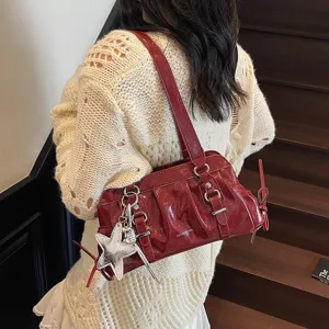 Vintage pleated patent leather shoulder bag for women, elegant wine red underarm bag.