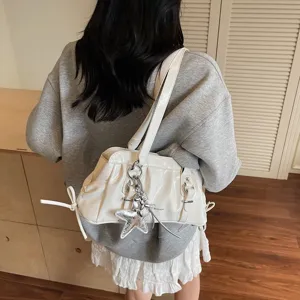 White patent leather pleated shoulder bag for women, stylish casual underarm bag with chic bow.