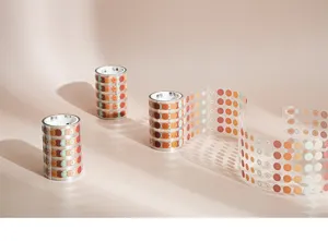 Detailed view of PET round dot washi tape showing smooth texture and colorful patterns for craft.