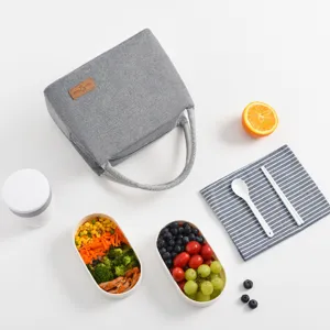 Grey insulated lunch bag portable bento handbag for outdoor picnic and daily meal prep storage