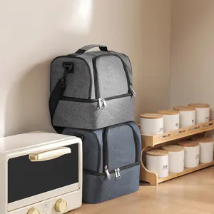 Double layer insulated lunch bag with shoulder strap, portable thermal picnic cooler handbag.