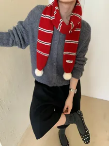 Korean style red white striped knitted scarf with pom poms autumn winter warm neckerchief