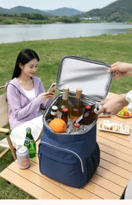Outdoor picnic insulated cooler backpack detail showing large capacity and foil lining.