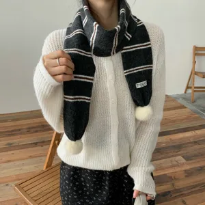 Korean style winter knitted striped scarf with cute pom pom plush balls warm neck wrap.